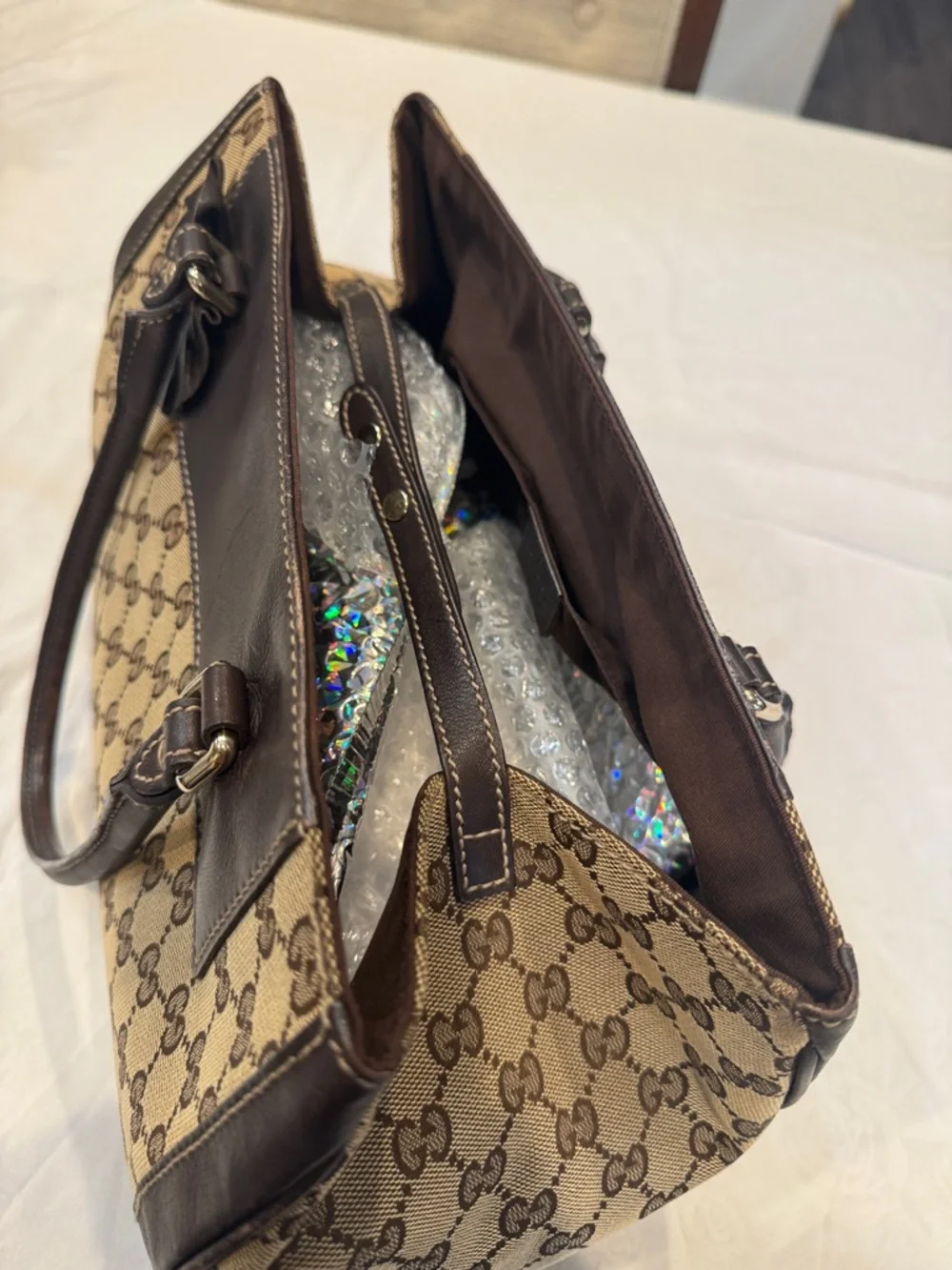 Authentic Gucci Brown GG Supreme Canvas Satchel with Dark Brown Leather Trim - Picture 10 of 14